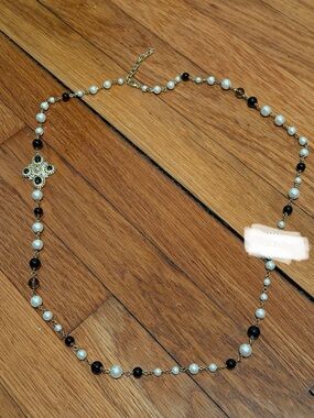 Gold-Tone Pearl & Black Bead Designer Inspired Necklace